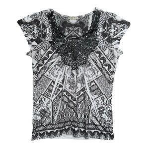 Energie World Wear Black White Tribal Print Top Size M Boho Festival Shirt